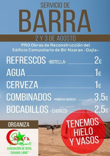 Precios de la barra de bar de "Sáhara libre Rota"