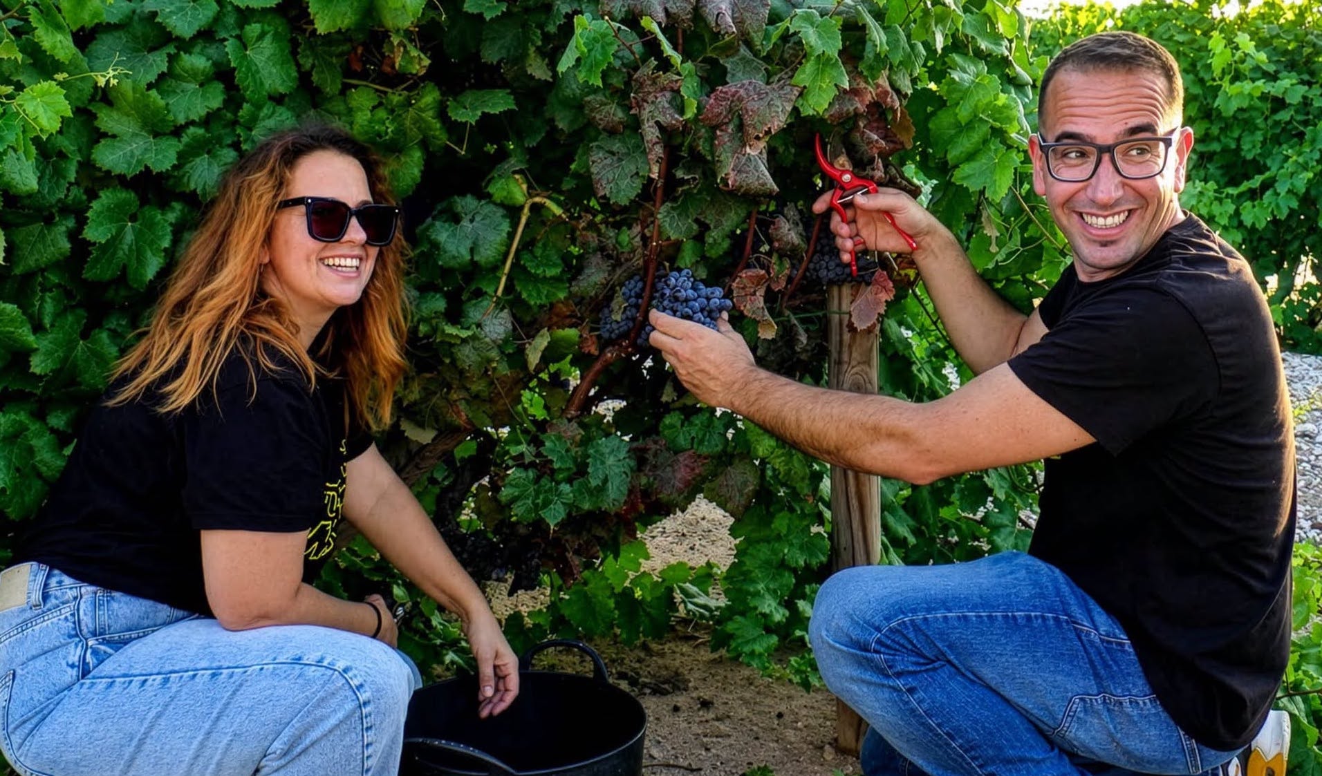 Alejandro Narv&aacute;ez y Roc&iacute;o Aspera, de Bodegas Forlong, distinguidos como 'Vendimiadores del A&ntilde;o' en la tradicional vendimia de la Tintilla